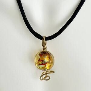 Gold Glass Foil Sphere Bronze Wire Wrapped Pendant